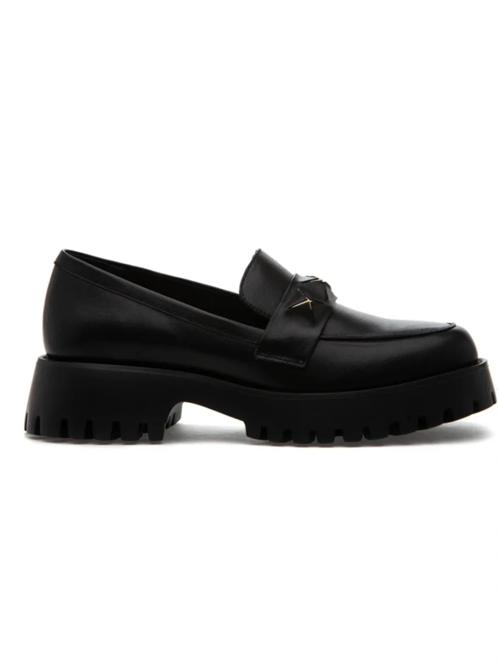 Vaneli Black Leather Lug Sole Loafer with Star Stud 10N
